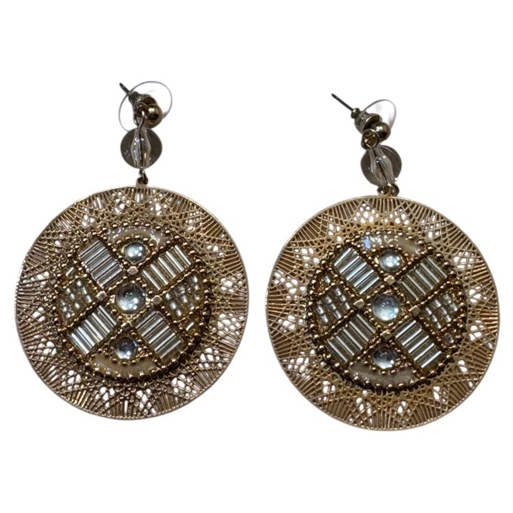 Pierced Earrings By Janice Dickinson Goldtone w/ Crystals Filigree Design
